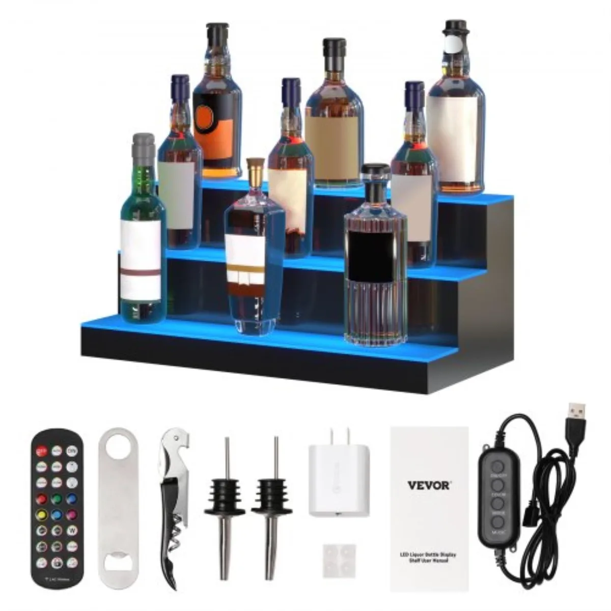 VEVOR VEVOR LED Lighted Liquor Bottle Display 3 Tier 24 Inch Acrylic Shelf RF Remote App Control — product photo