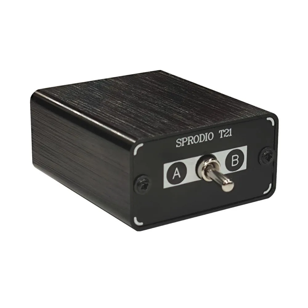  SPRODIO T21 Audio Switch Box 3.5mm 2-in-1-out 1-in-2-out 6A toggle 50g — product photo