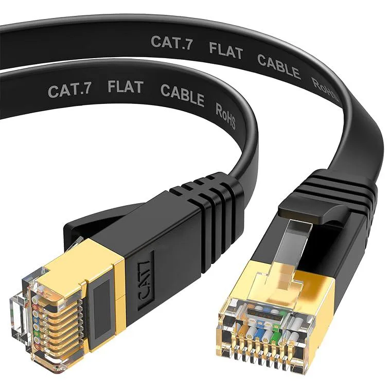 aibileec aibileec Cat 7 network ethernet cable 30 ft flat black 10Gbps 600MHz STP 32AWG 50µ gold RJ45 — product photo