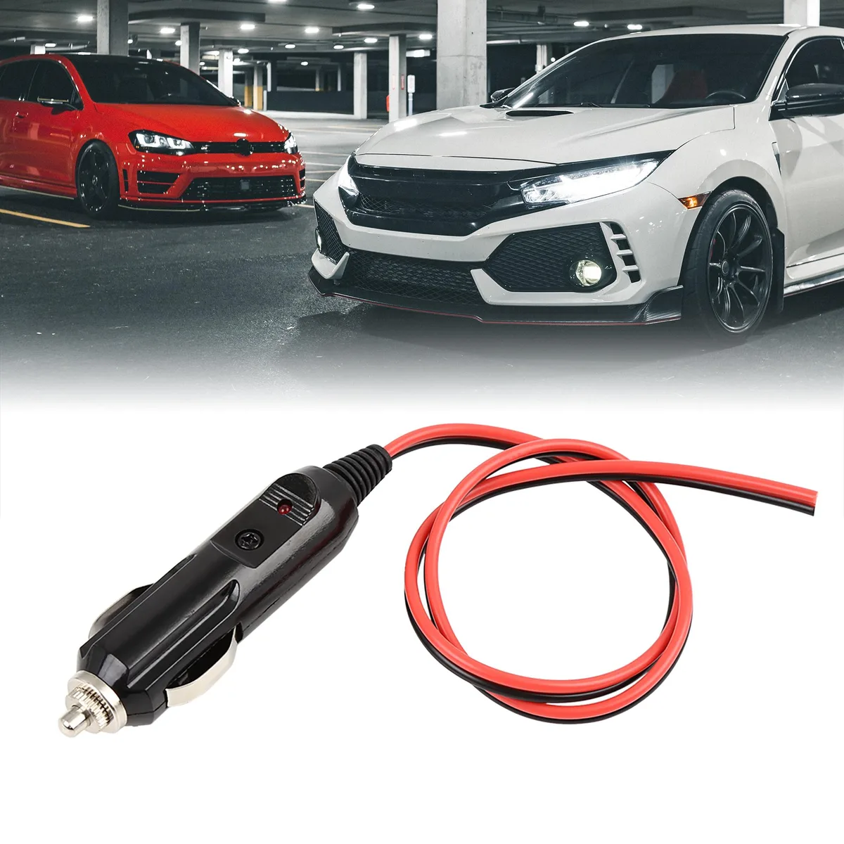 Black 12V 24V cigarette lighter plug with 1.5 ft red and black leads
