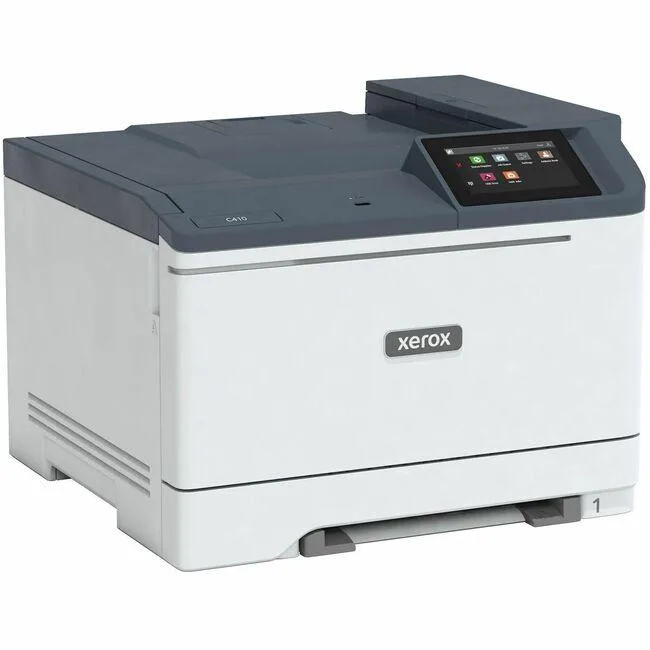 White rectangular desktop laser printer with front paper tray and top output slot