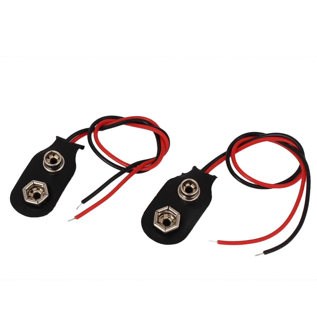 Two black faux-leather 9V battery clips with red and black 15cm tinned leads