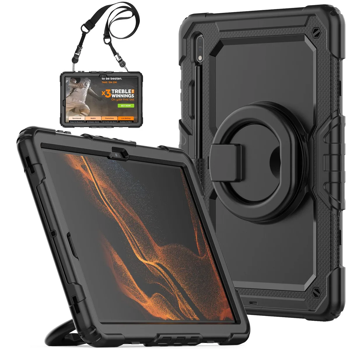 Black hard case with rotatable kickstand, hand strap and screen protector for 12.4 inch tablet