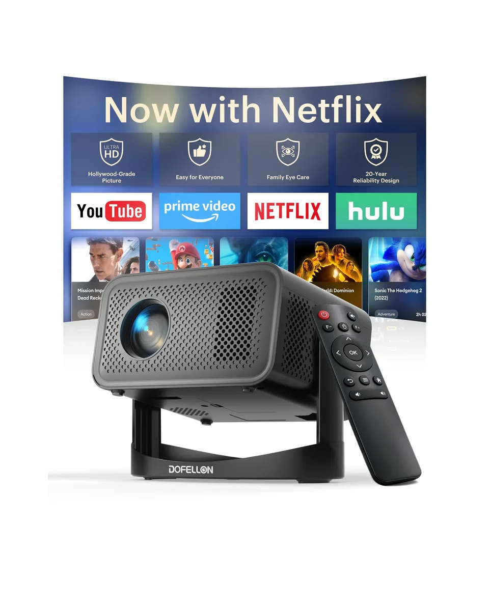 Compact white DLP projector with remote and HDMI cable