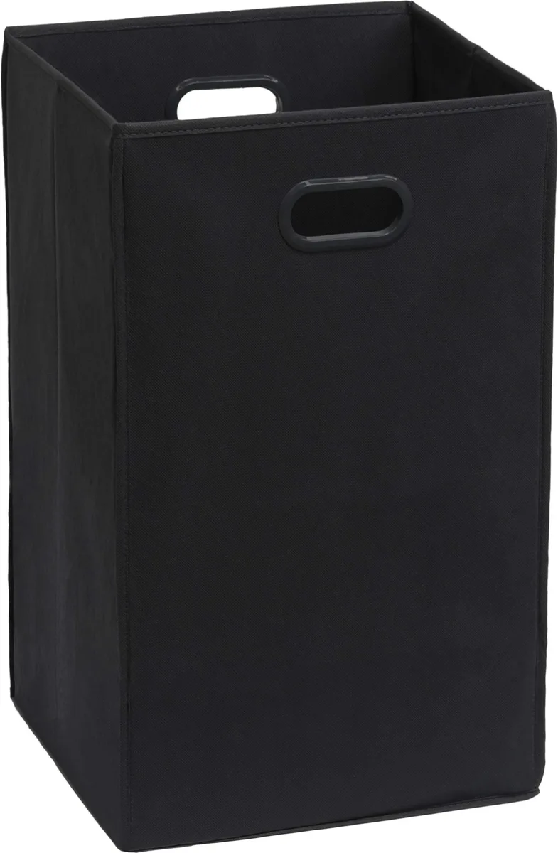 Black polypropylene foldable laundry hamper with cutout side handles, rectangular cube shape extending to 22.75 inches high