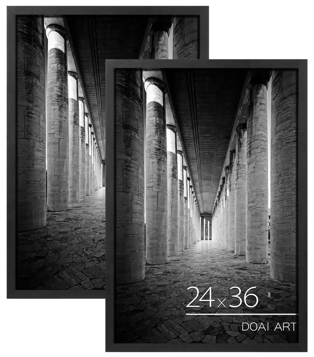 Two black plastic poster frames 24 by 36 inches with HD plexiglass