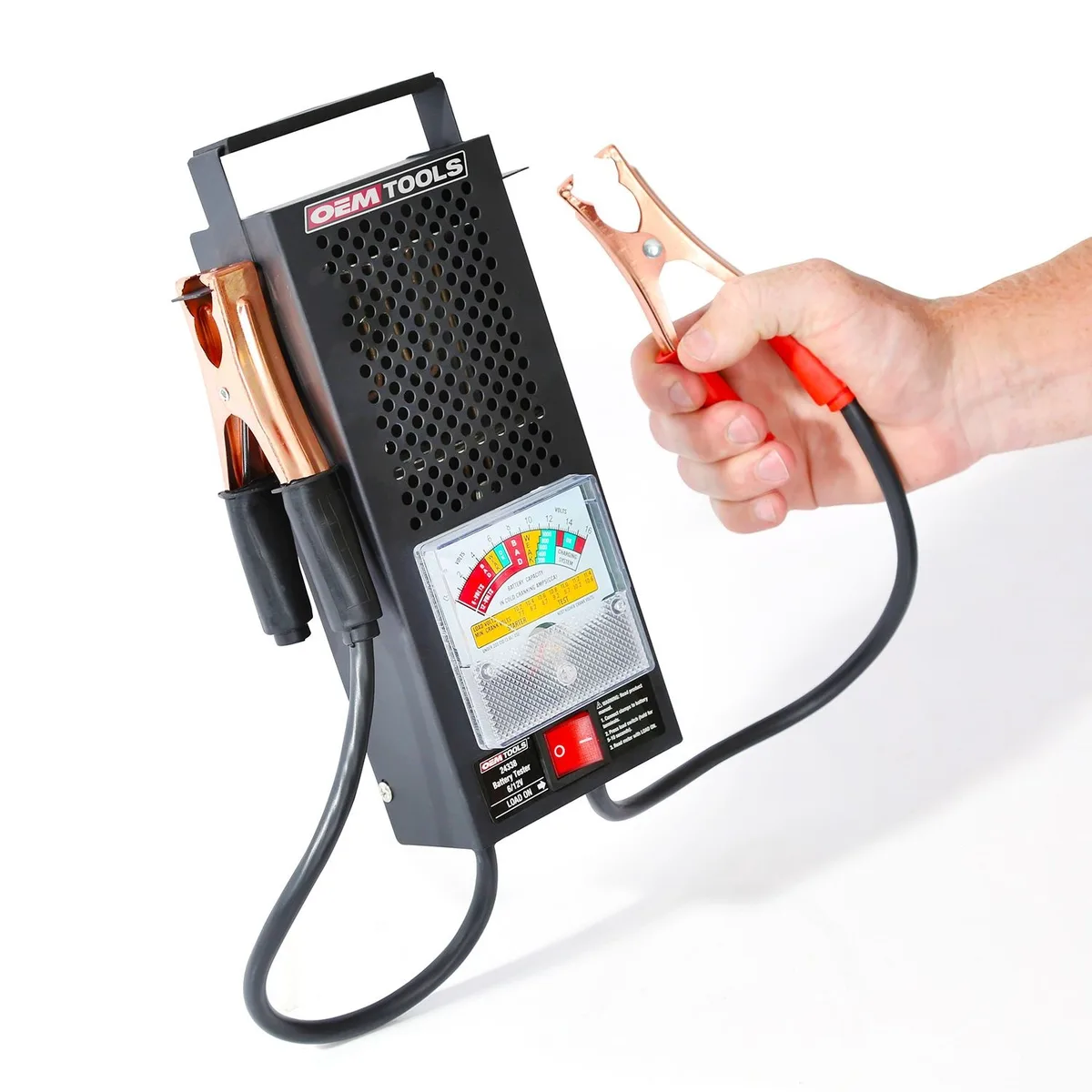 OEMTOOLS 24338 100A battery tester, compact handheld unit with digital display and clamp leads