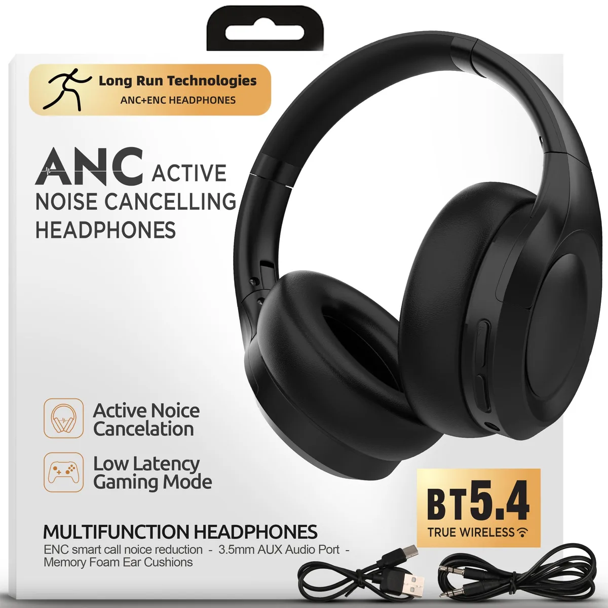 Black over-ear headphones with adjustable headband, 90° swivel hinges and memory-foam earcups