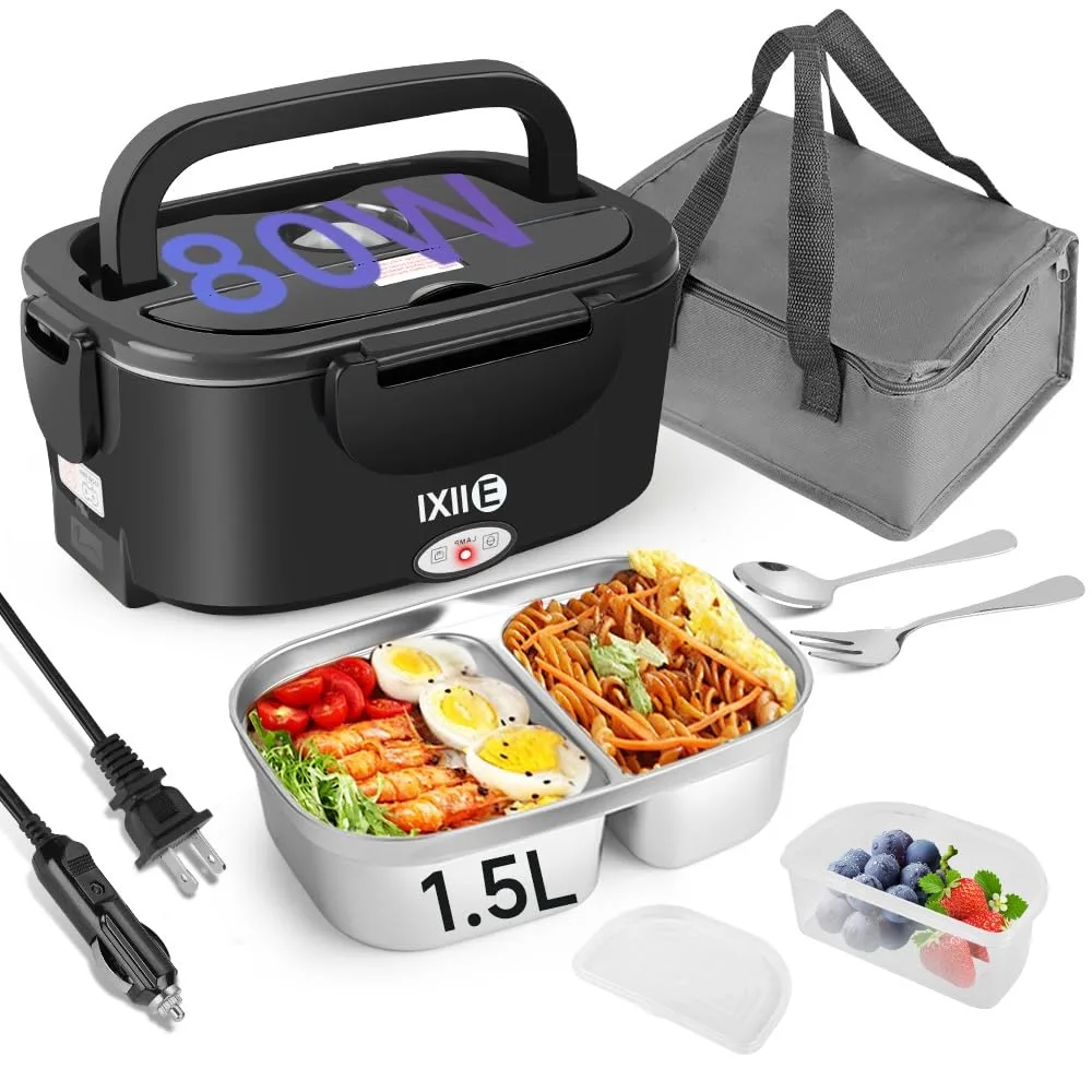 Rectangular electric lunch box, grey plastic body, removable stainless steel container with two compartments, lid with steam vent