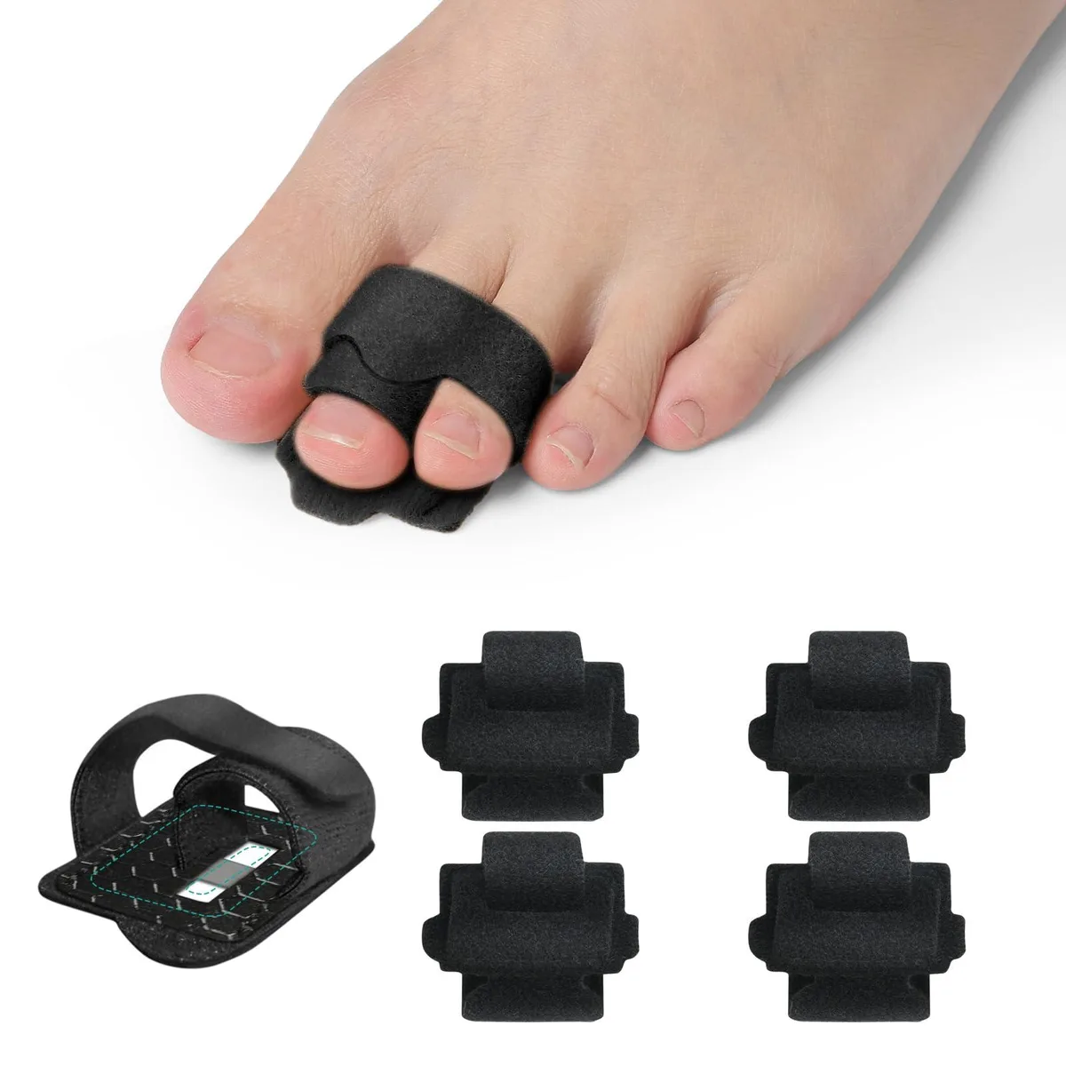 Four black fabric toe braces with adjustable straps and aluminum support plates