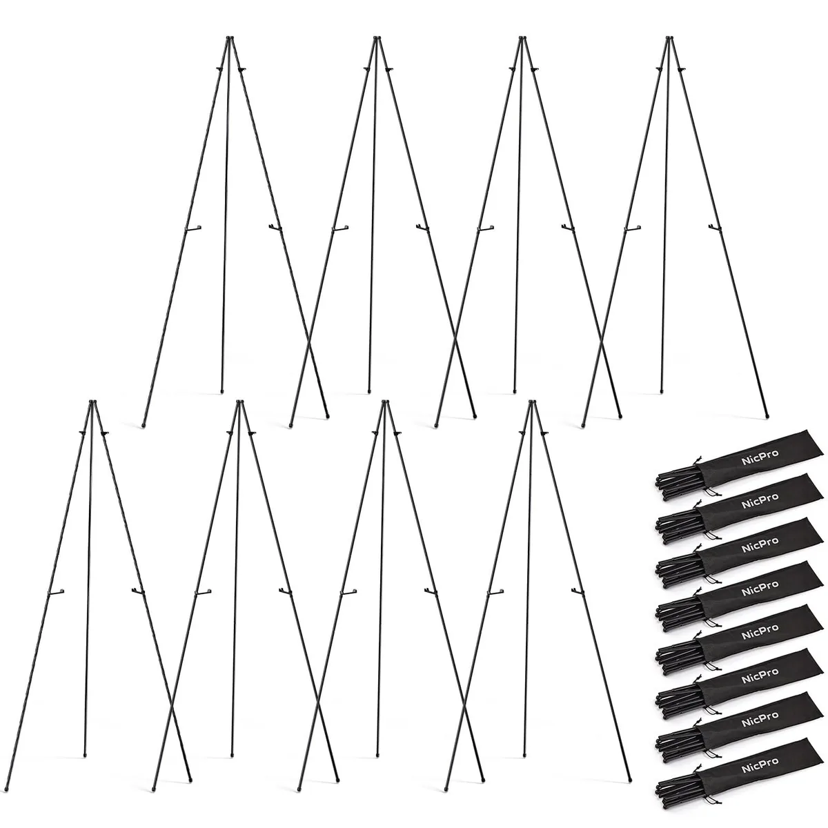 Eight black A-frame easels folded flat, glossy alloy steel finish, non-slip rubber feet visible