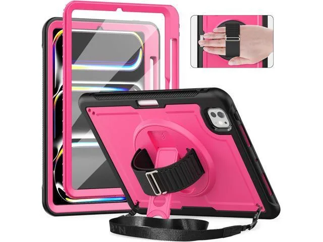 Manw Manw A2836 iPad Pro 11 2024 case with screen protector, 360° kickstand, shoulder strap, pencil holder, red — product photo
