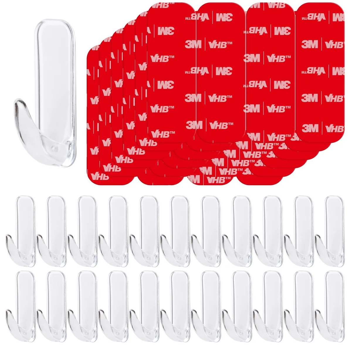 Clear medium adhesive hooks with strips on a backing sheet