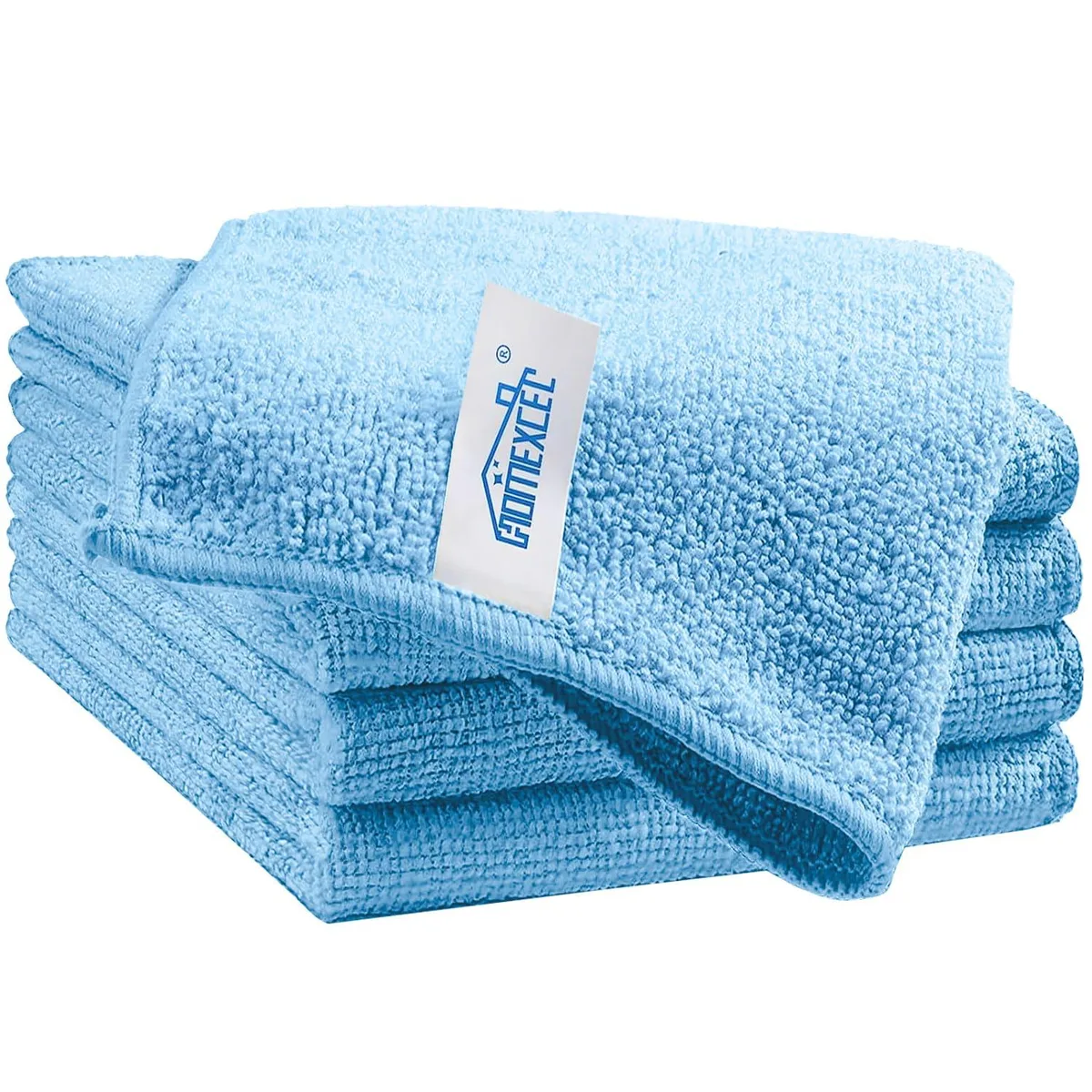 Five square blue microfiber cloths folded together, each 11.5 inches with stitched edges