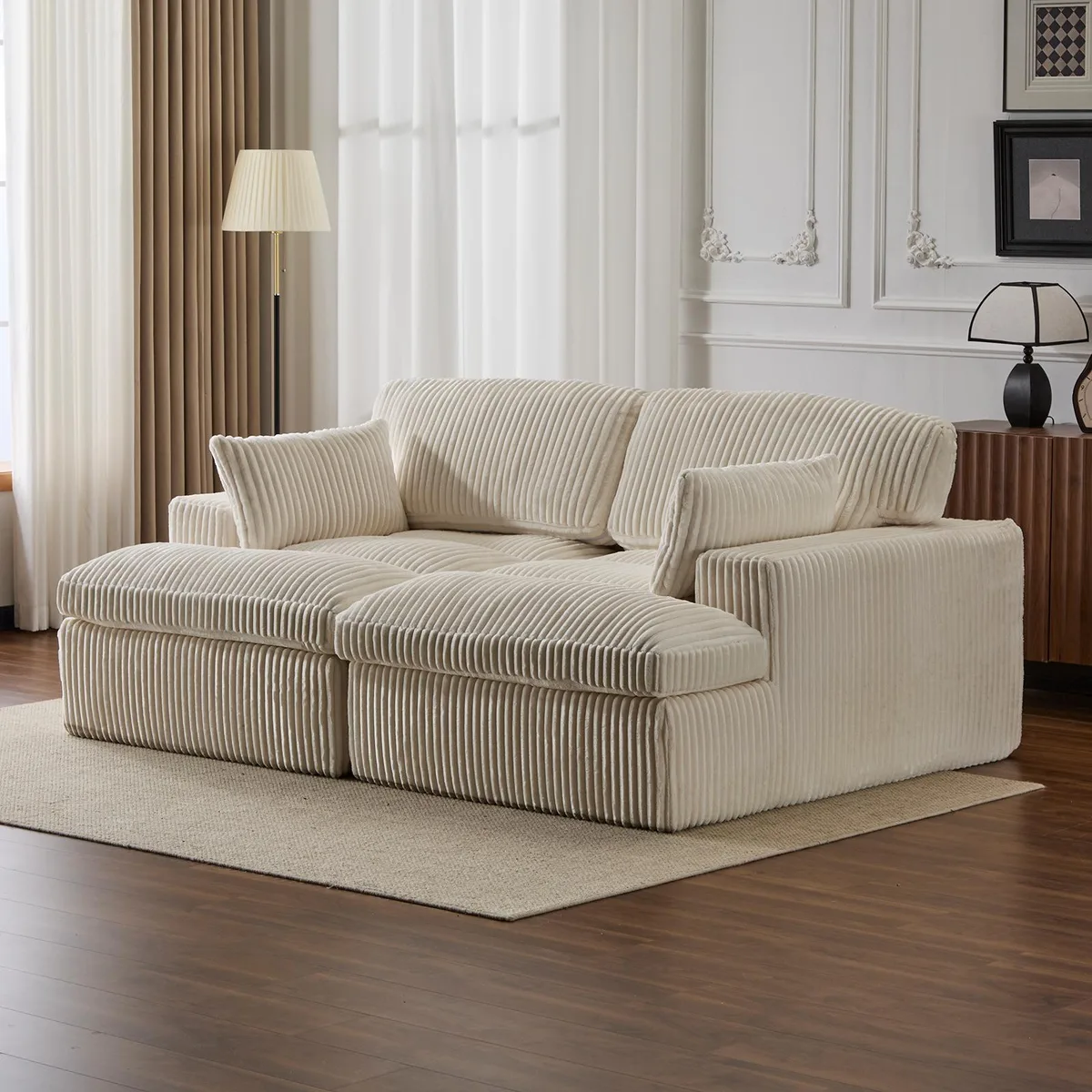 White corduroy double chaise lounge sofa with deep cushions