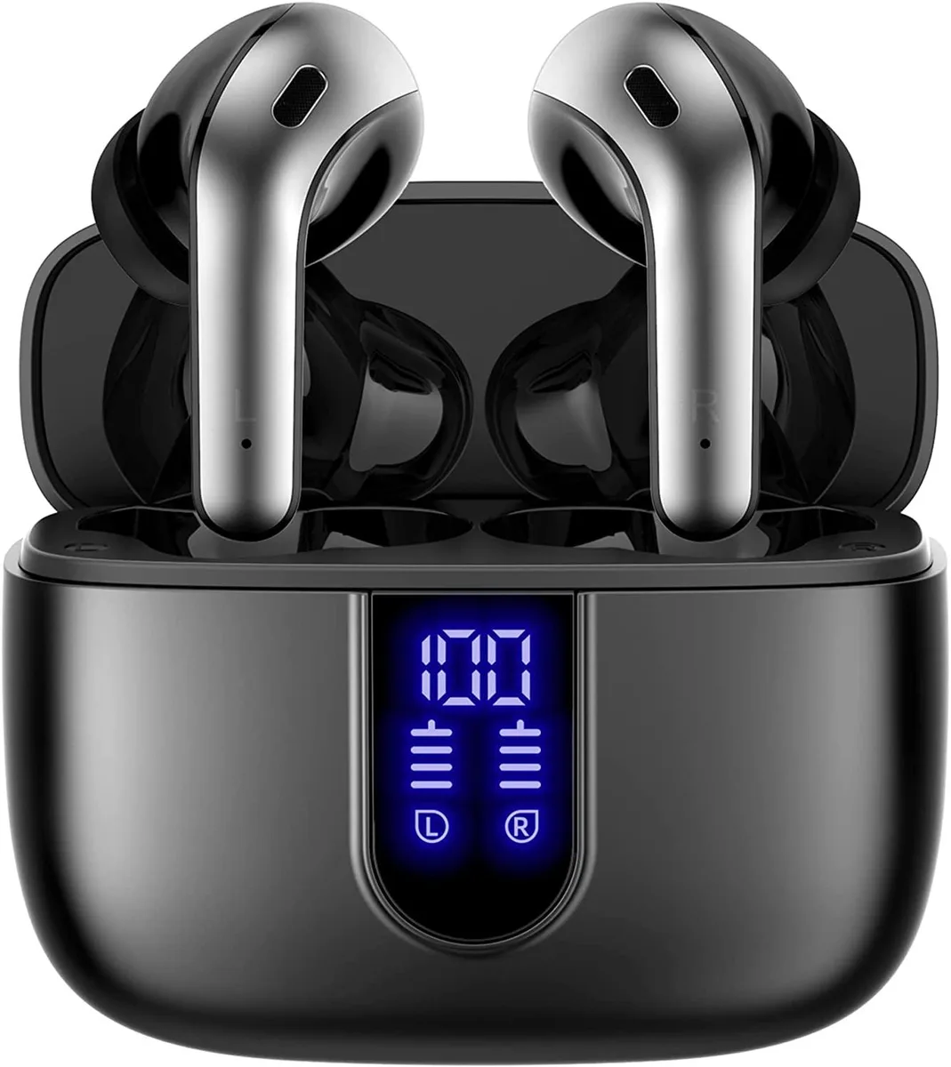 Black in-ear wireless earbuds in matching charging case with LED display