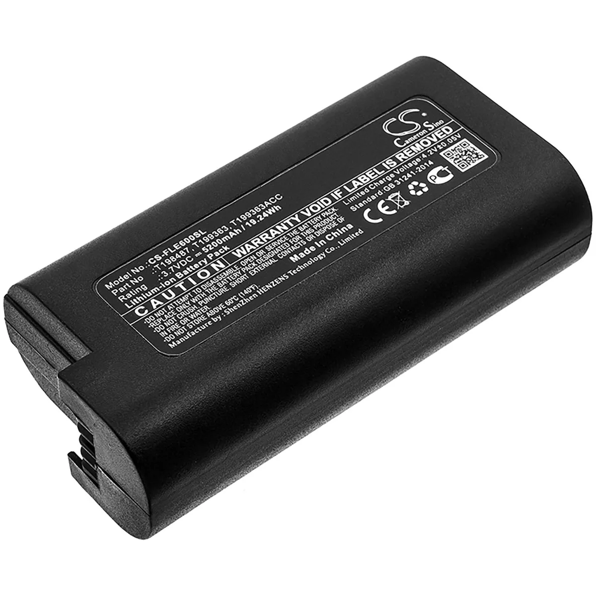 Black rectangular lithium-ion camera battery 78 by 40 by 21.6 millimetres