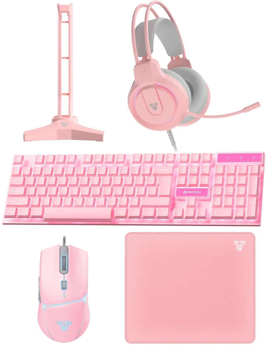 Pink 5-in-1 gaming set with keyboard, mouse, headset, pad and stand