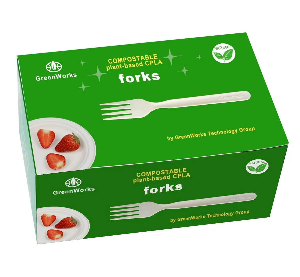 White bioplastic forks in a recyclable box, 100 pieces