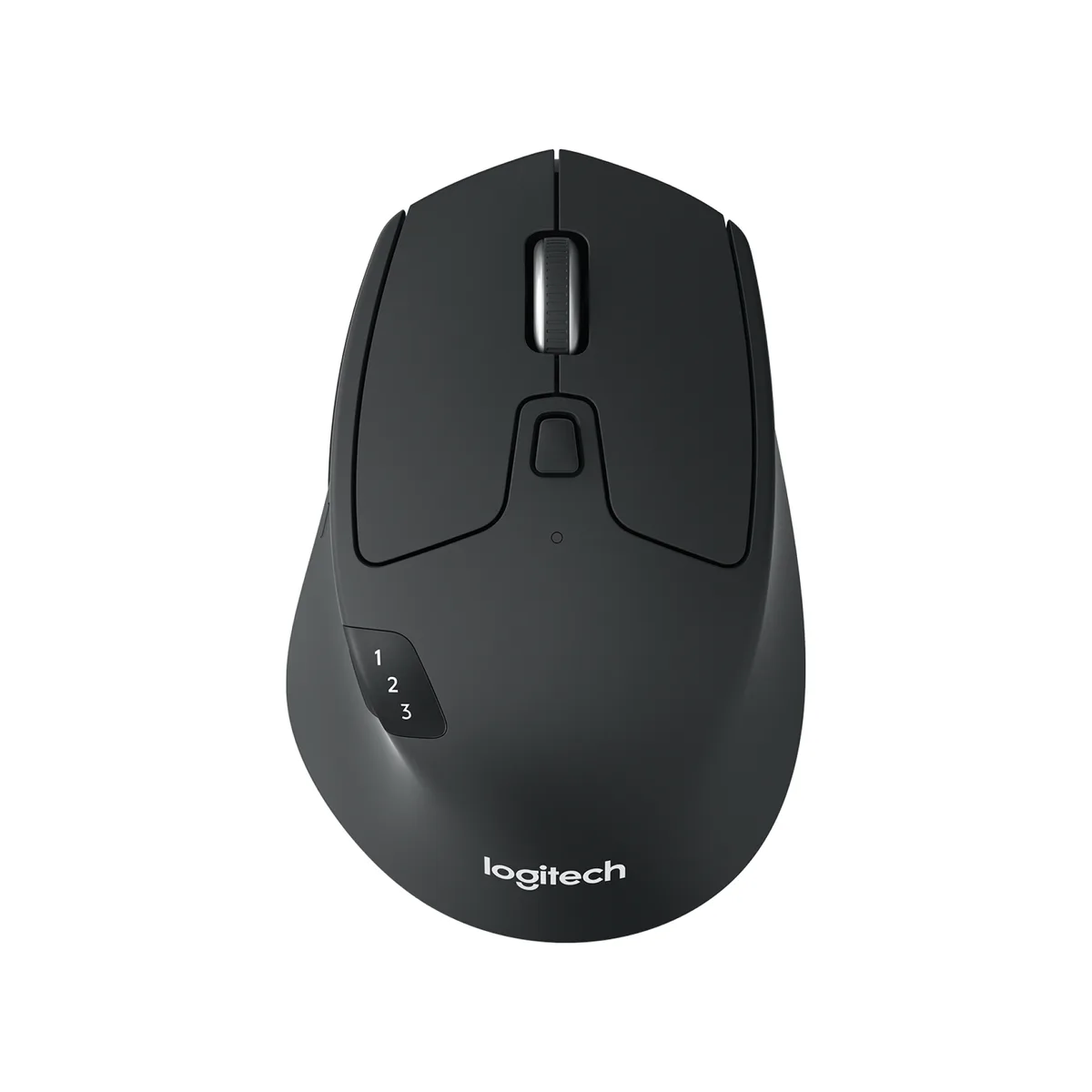 Black right-handed wireless mouse with sculpted rubber body, scroll wheel and side buttons