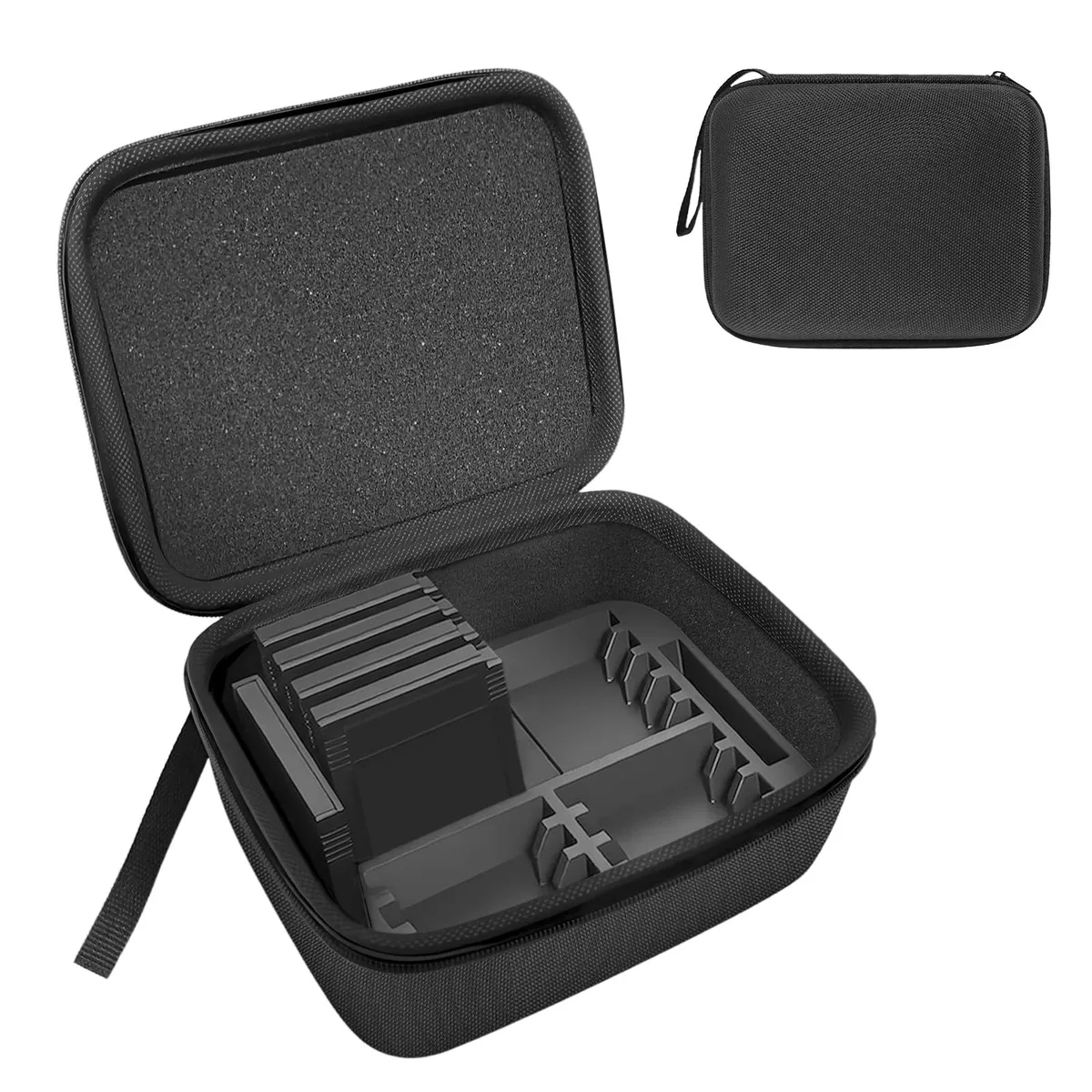 Compact EVA shell zippered case with moulded PLA interior slots holding 22 game cartridges