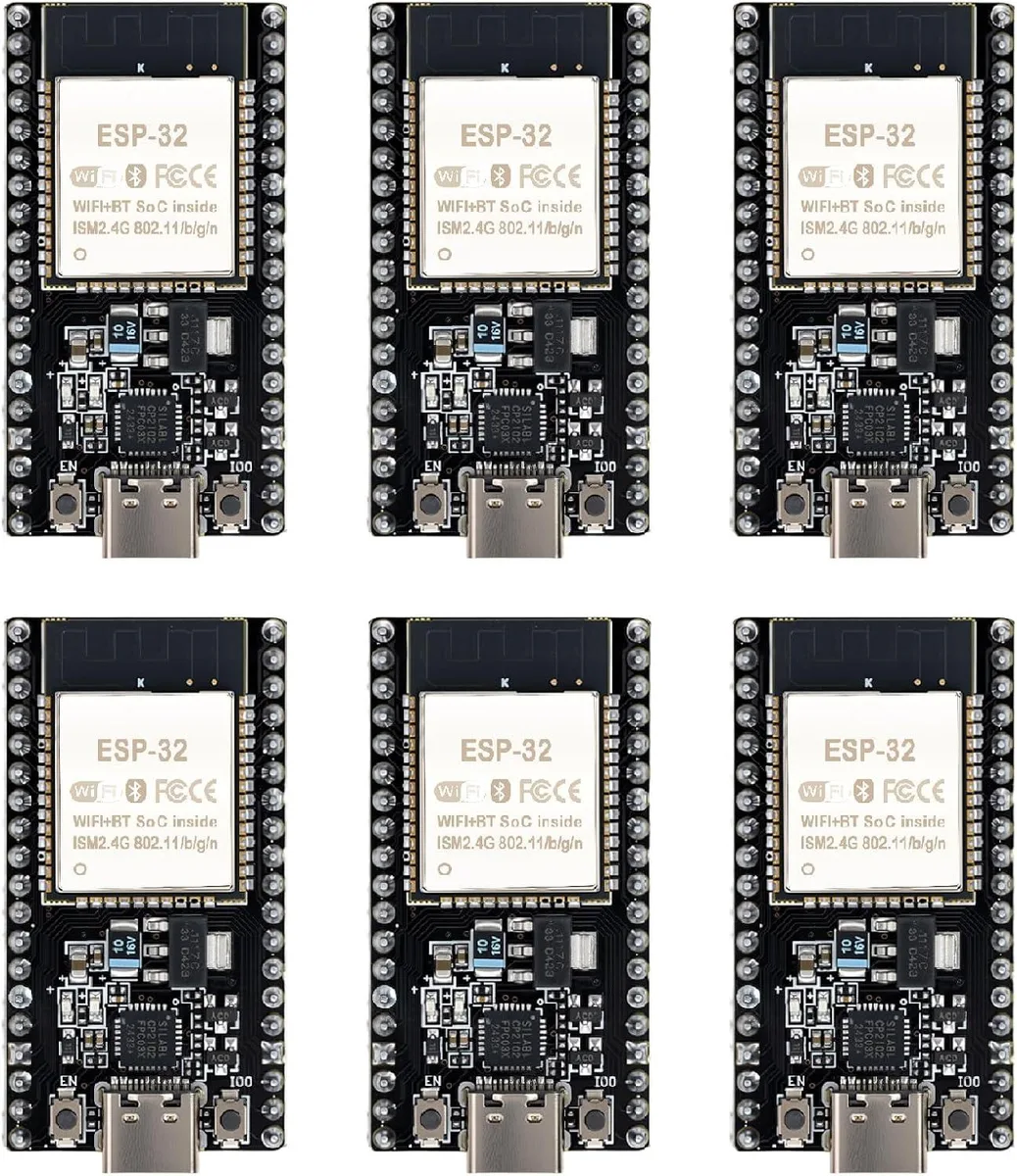 Six green ESP32-DevKitC-32 boards with USB-C ports and 38 pins each