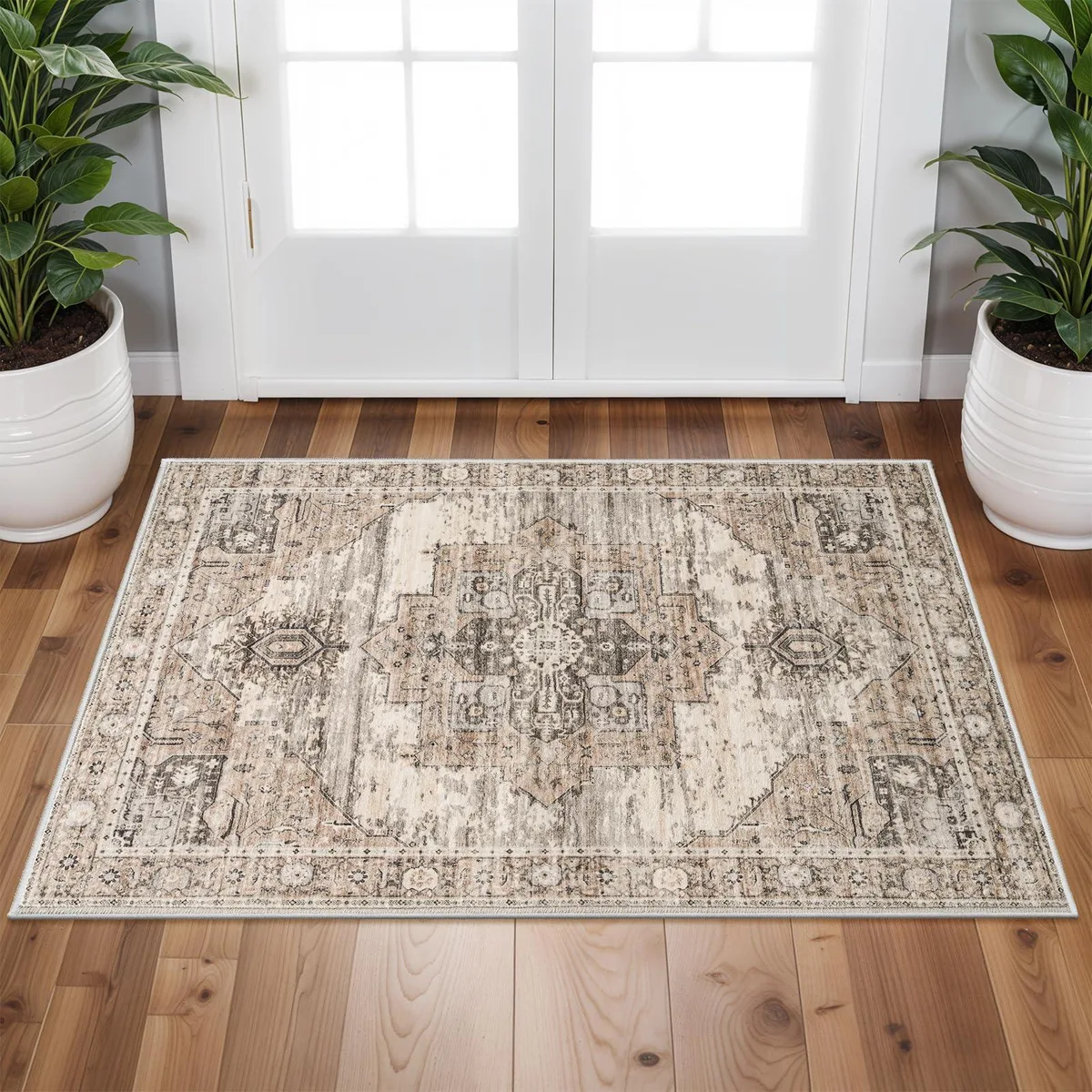 Beige polyester runner rug with tribal pattern and non-slip backing