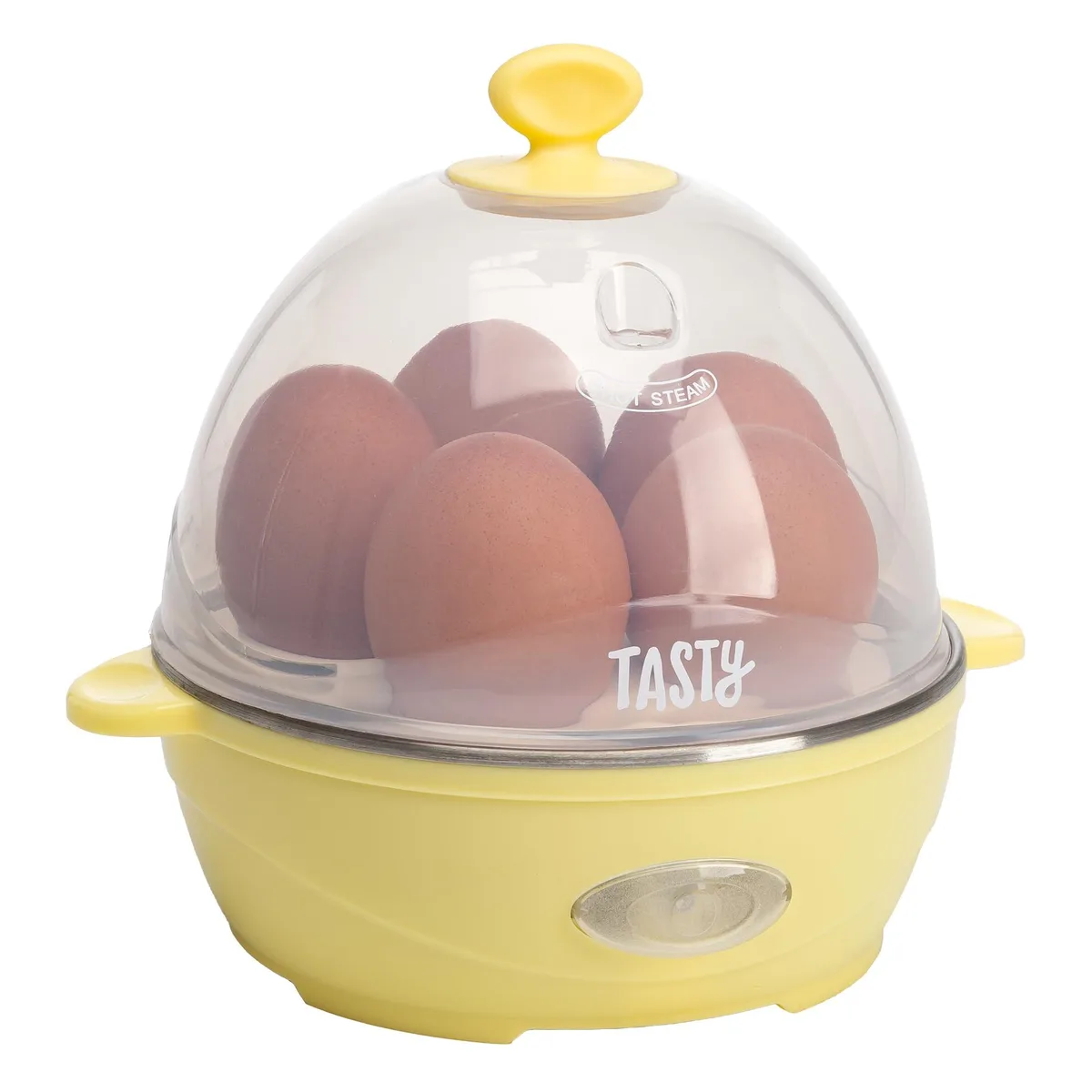 Yellow mini electric egg cooker with 5-egg tray and omelet bowl