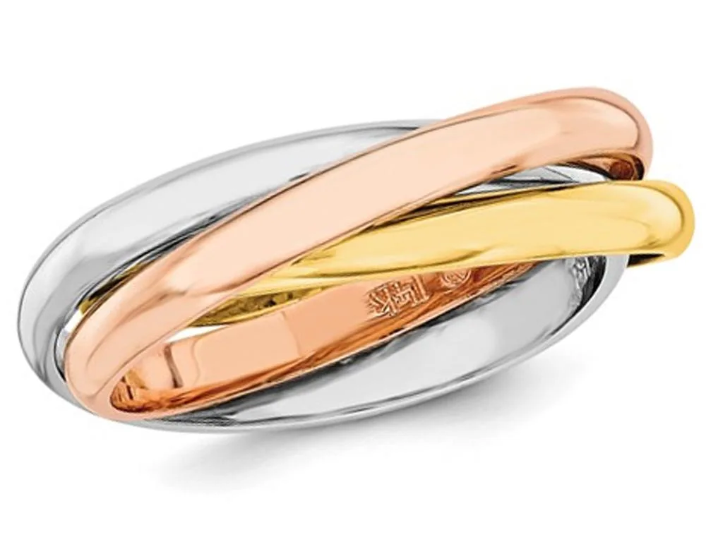 Three interlocking bands of yellow, pink and white 14K gold