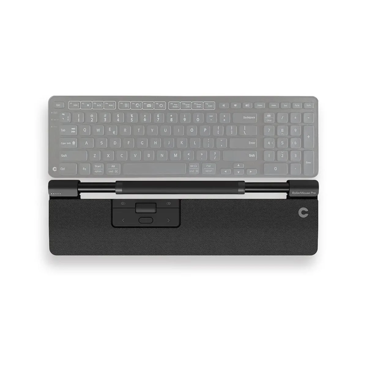 A slim silver bar with a central roller and a brown vegan leather wrist rest in front