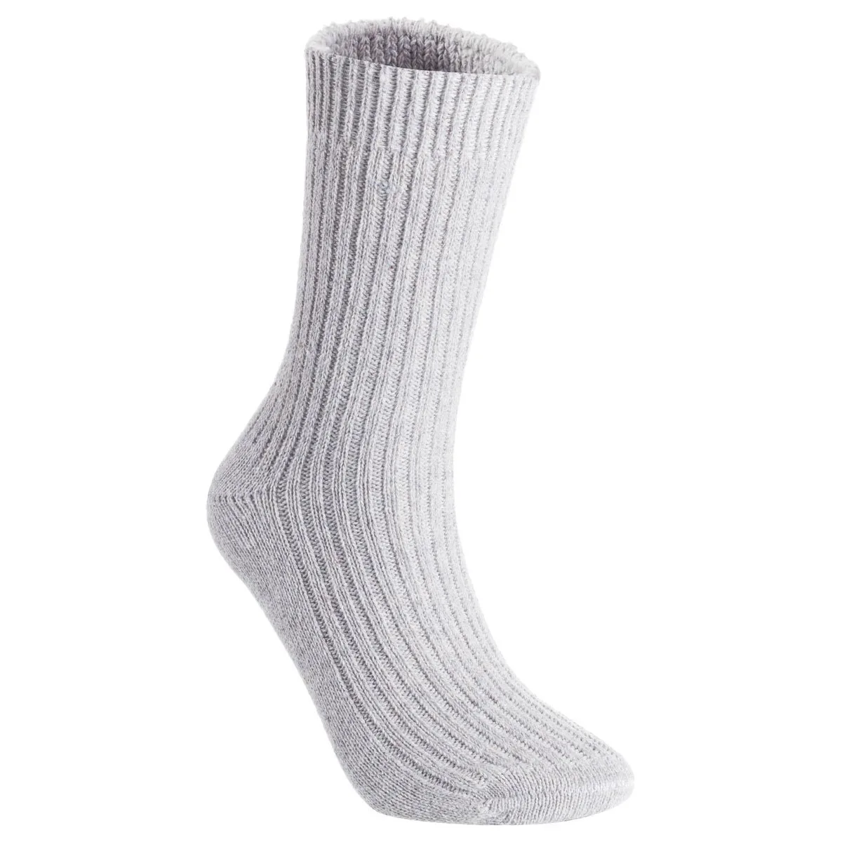A pair of light grey crew socks lying flat