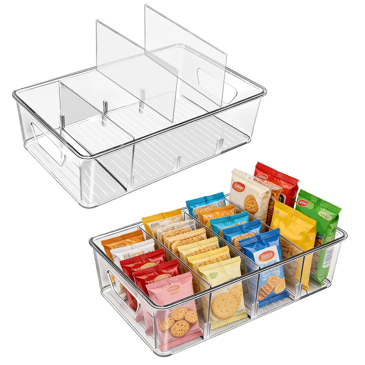 Two clear rectangular bins with removable dividers and side handles