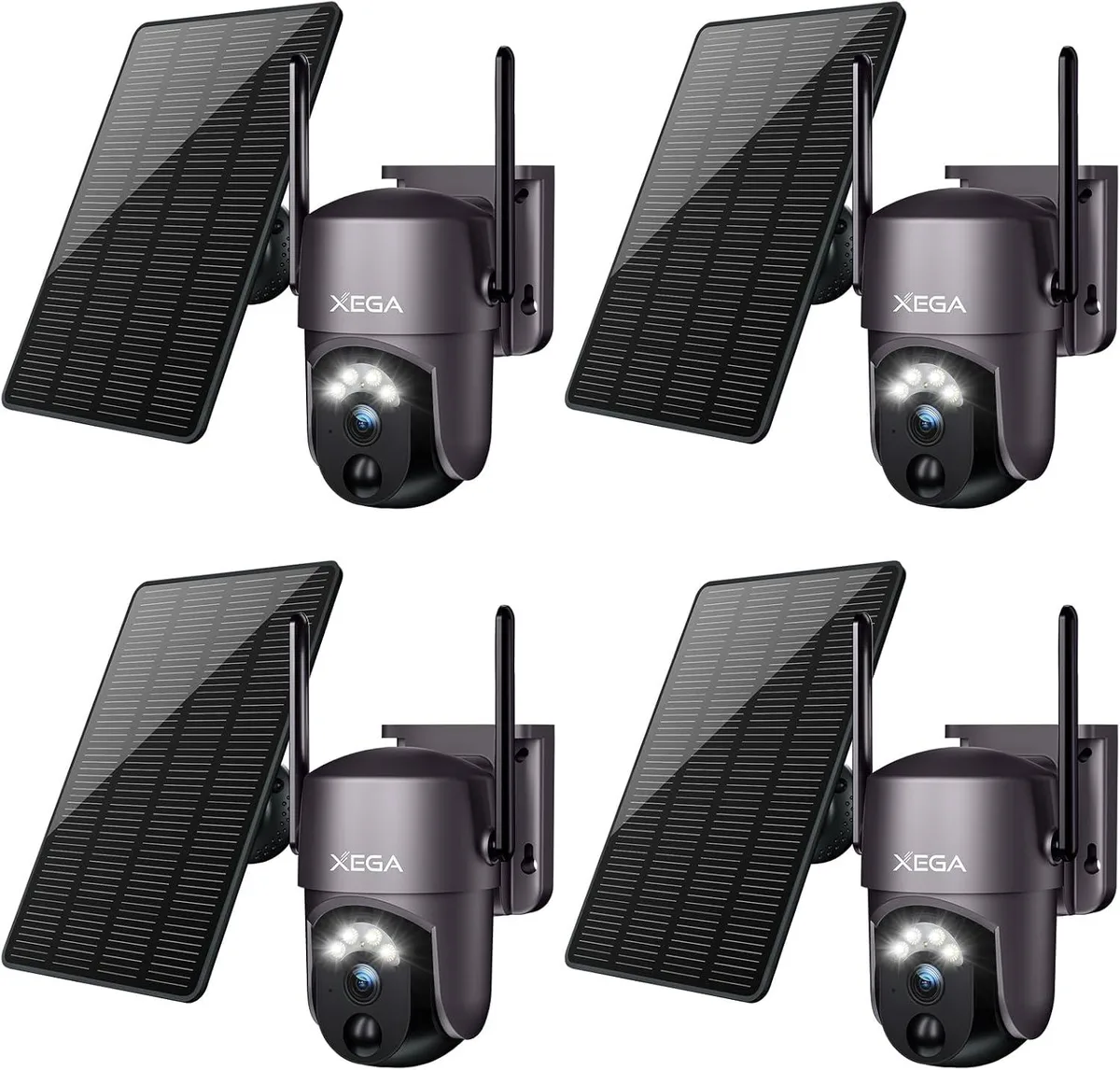 Four white bullet cameras with solar panels mounted above each unit