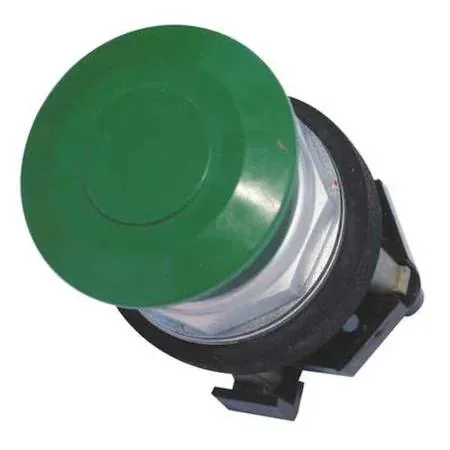 Green mushroom pushbutton 30 mm metal head anodized aluminium bezel
