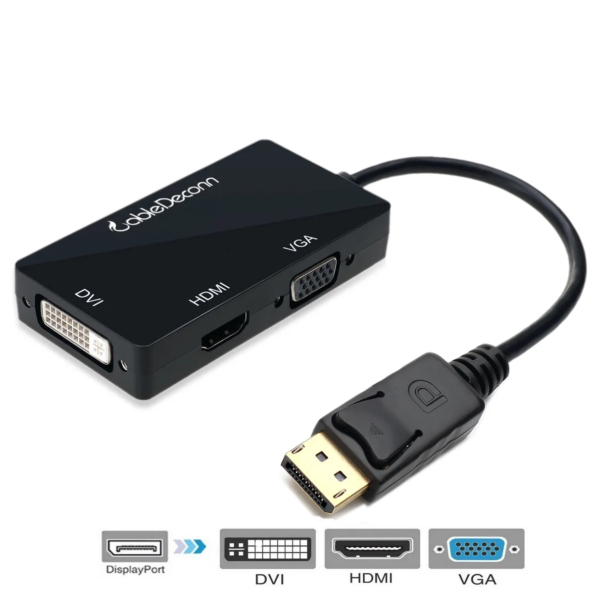 CableDeconn CableDeconn DisplayPort to HDMI/DVI/VGA 3-in-1 adapter 0.5 ft black — product photo