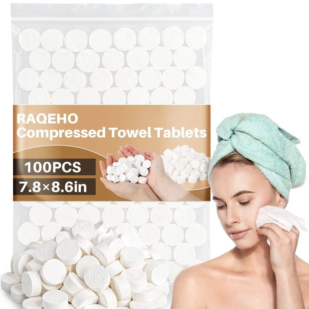 White cylindrical tablets in bulk packaging, expand to 20x22cm cotton towels with water