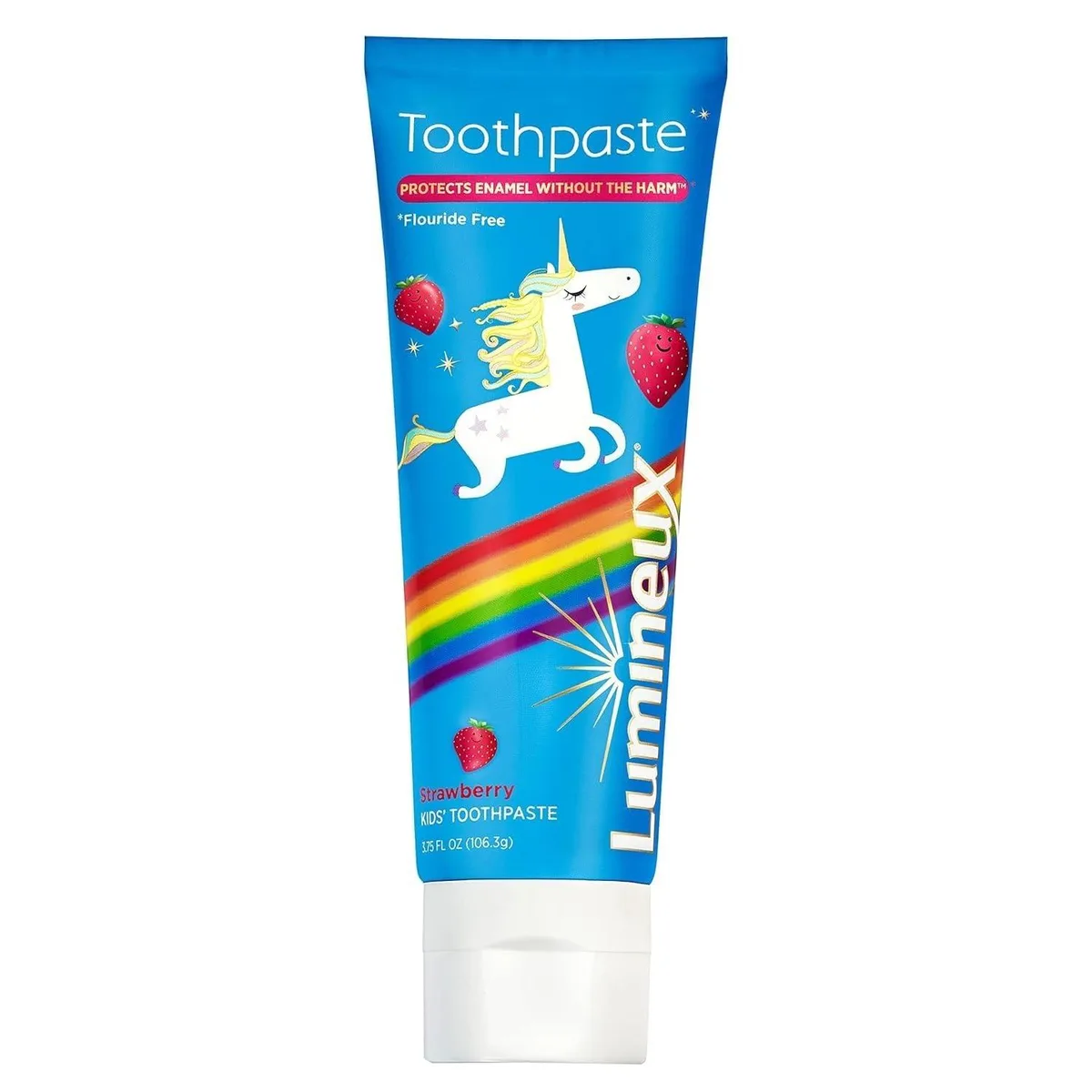 White squeeze tube with strawberry graphics, 3.75 oz