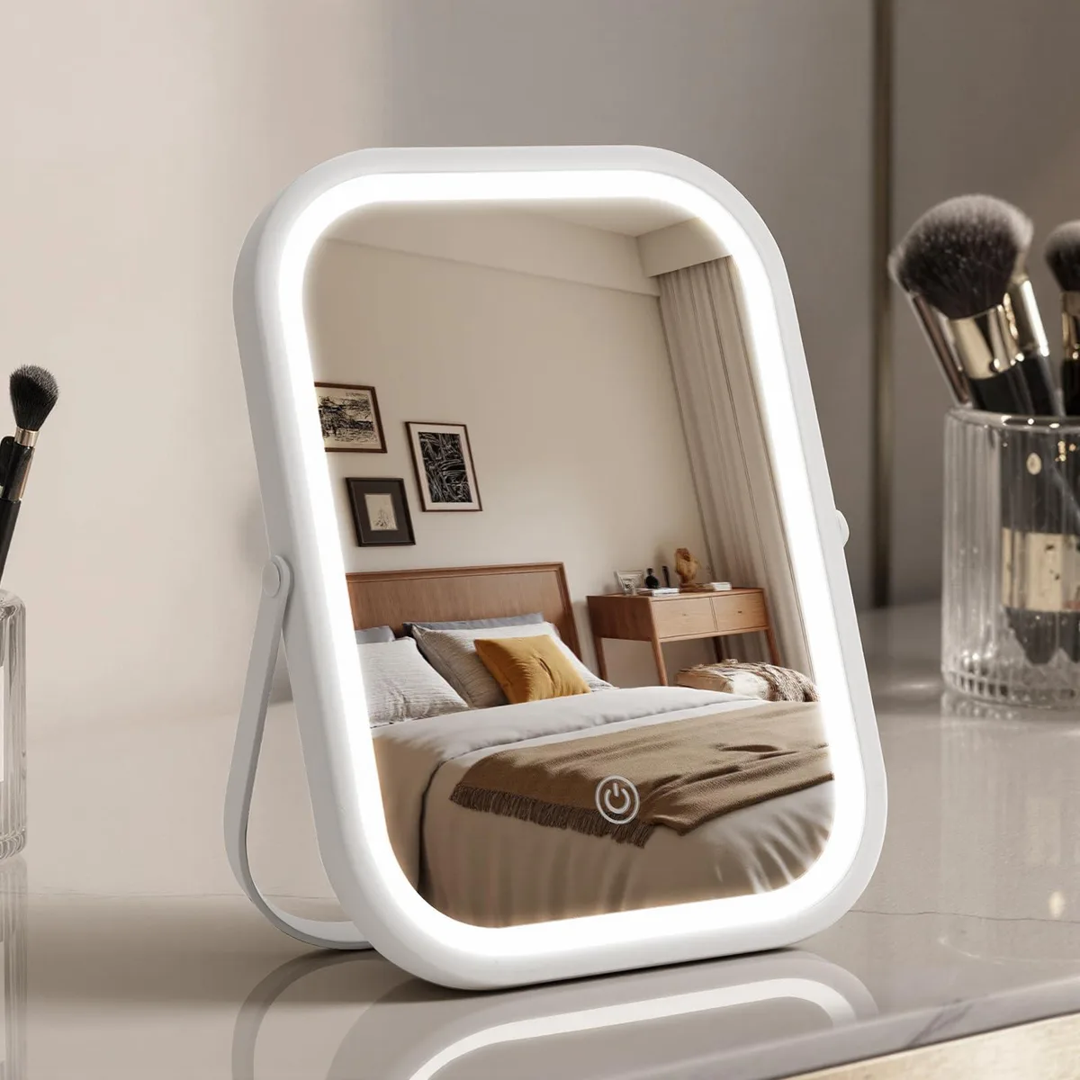 White rectangular lighted mirror with aluminum frame, USB-C charging, 360° rotating stand