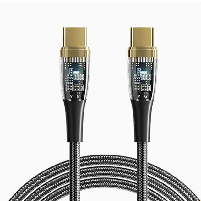 Black USB-C to USB-C cable with transparent connector shells, 6.6ft long