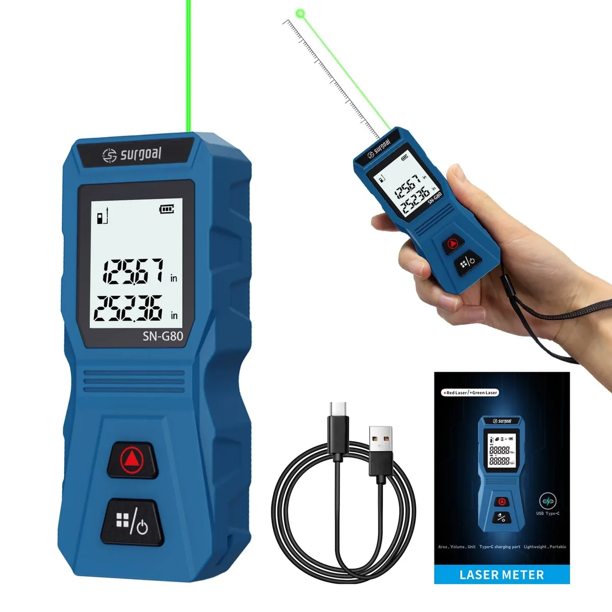 Compact green laser distance meter with USB-C charging