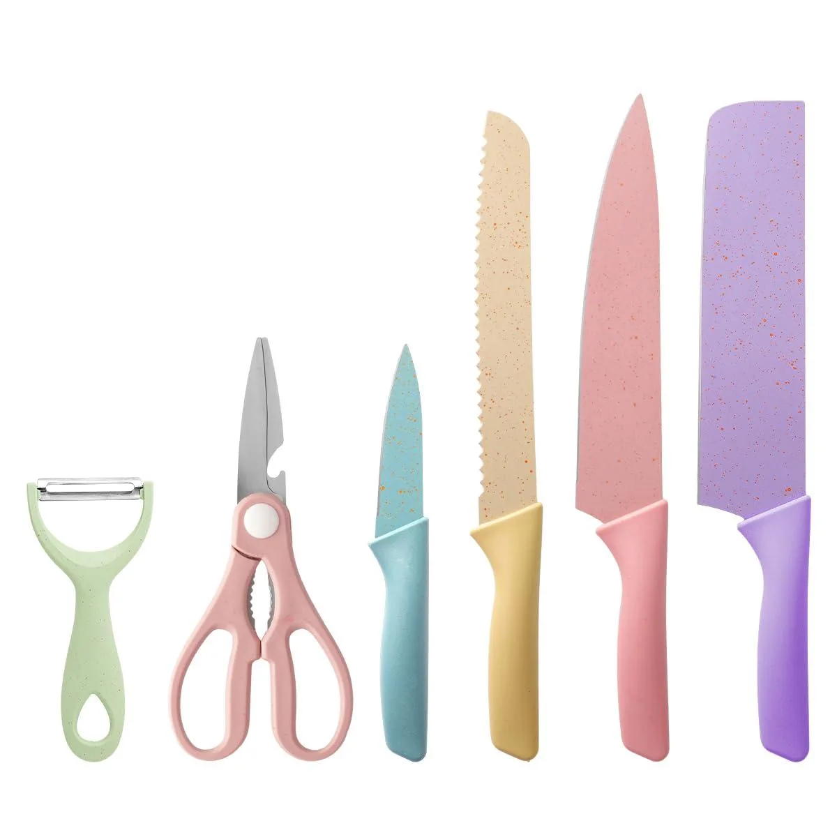 Six-piece multicolour knife set in a compact box, 12 by 1.8 by .8 inches