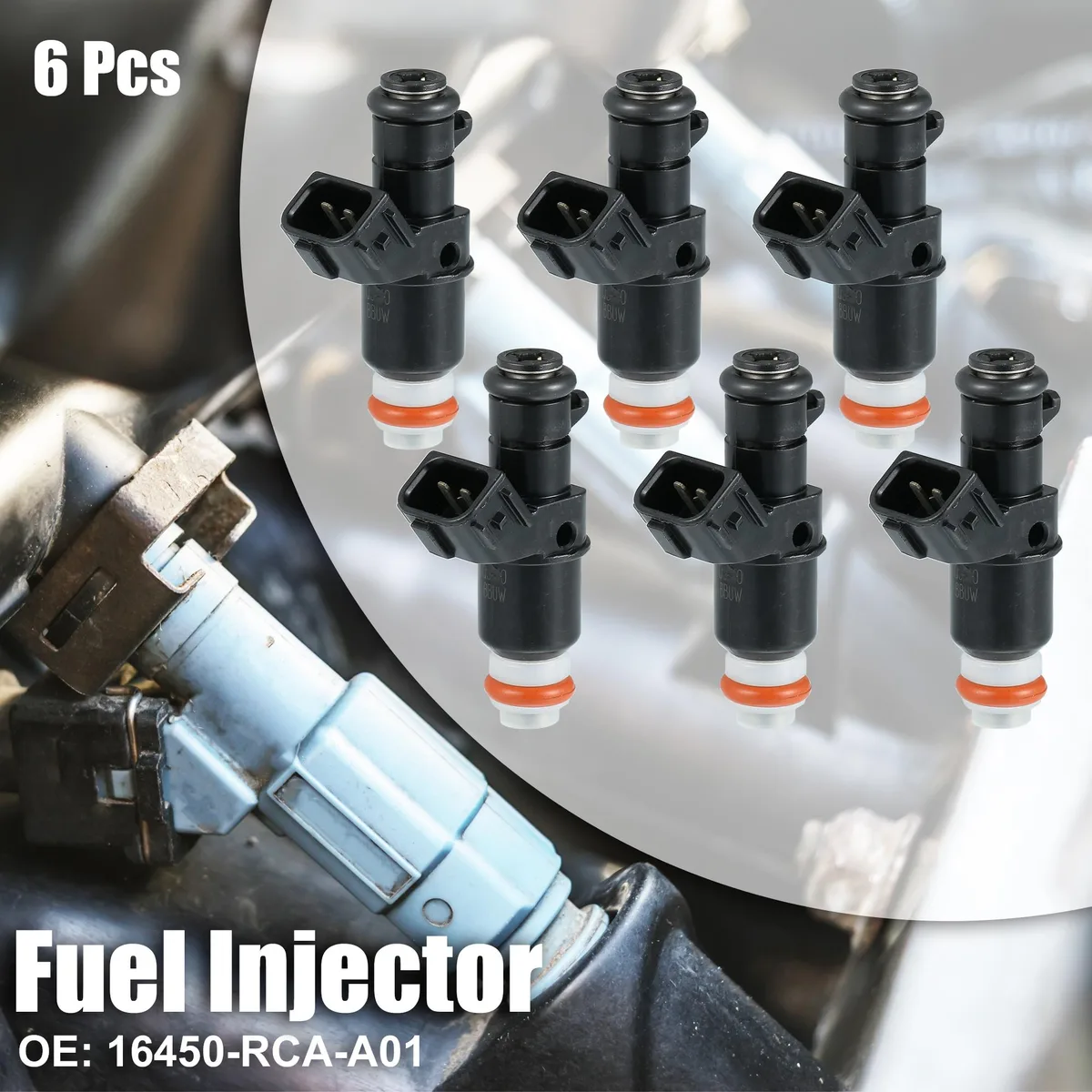 Six black fuel injectors with metal tips and two-pin connectors arranged in a row