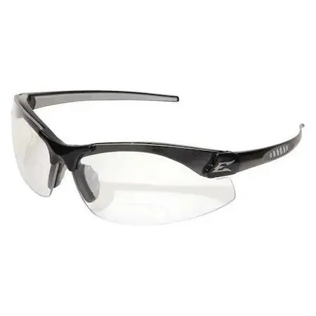 Black half-frame wraparound safety glasses with clear lenses and straight temples