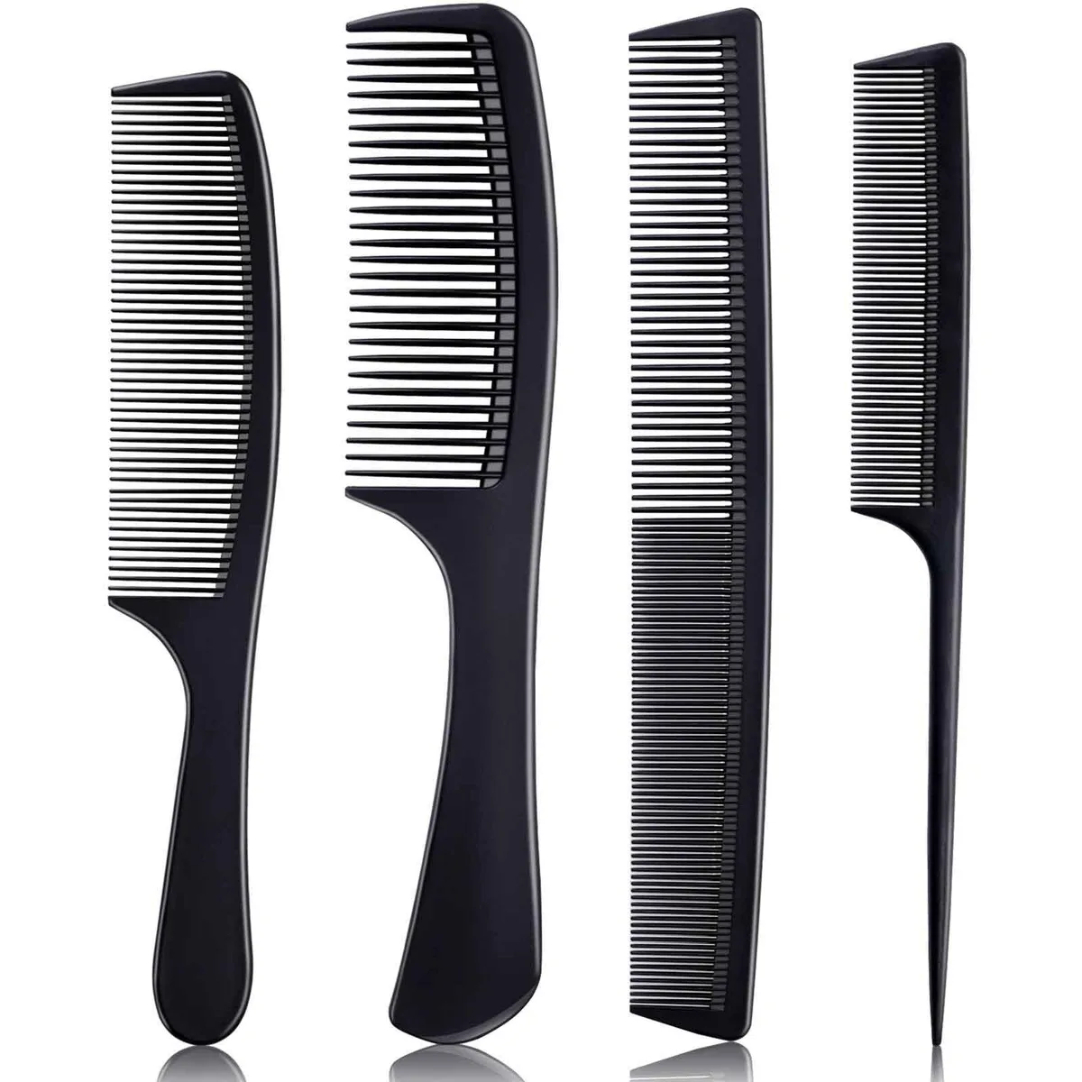 Four black carbon-fibre combs, handle, wide-tooth, dressing and rat-tail styles
