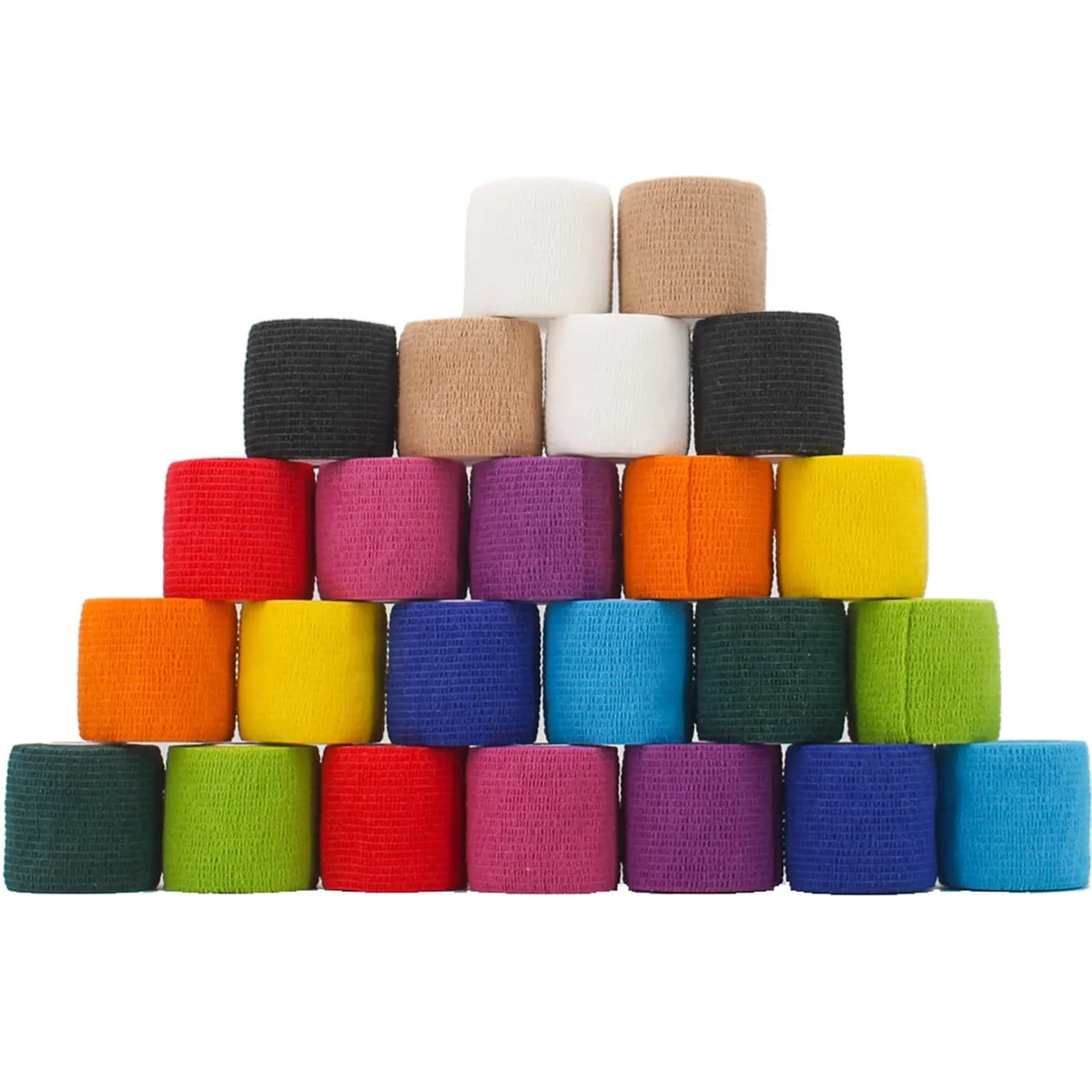 Twenty-four rolls of self-adhesive elastic bandage wrap in assorted rainbow colours