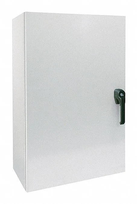 Gray carbon steel wall-mount enclosure 24x20x12 in with hinged solid cover and keyed handle
