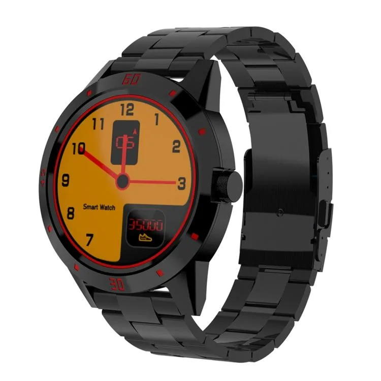 Black square smartwatch with 1.3 inch TFT display and stainless steel strap