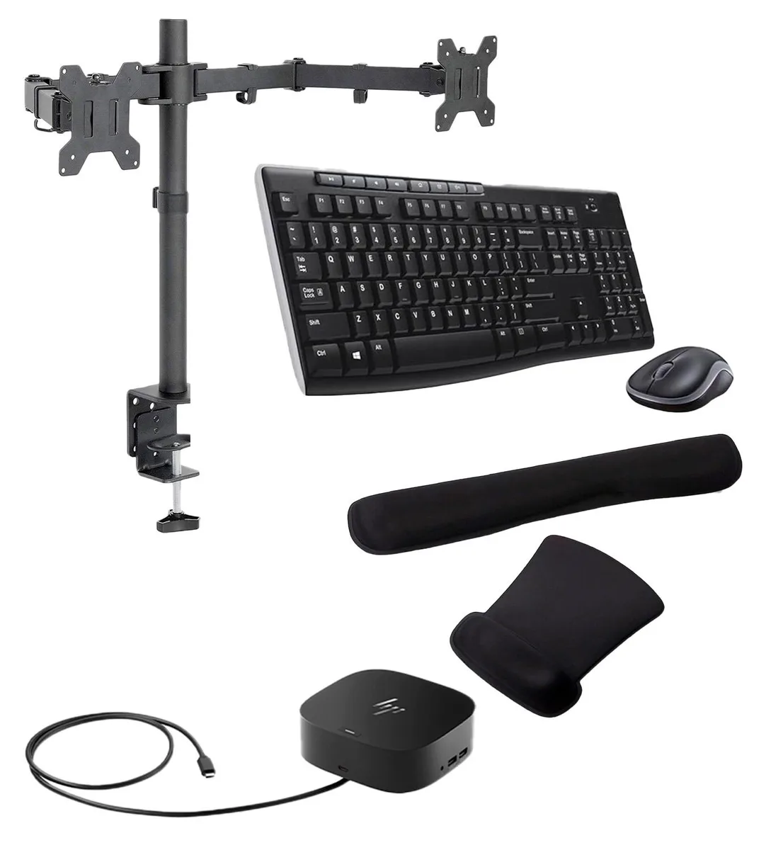 HP HP USB-C Dock G5 100W Bundle with MK270 Wireless Set, Dual Monitor Stand, Gel Wrist Rest — product photo