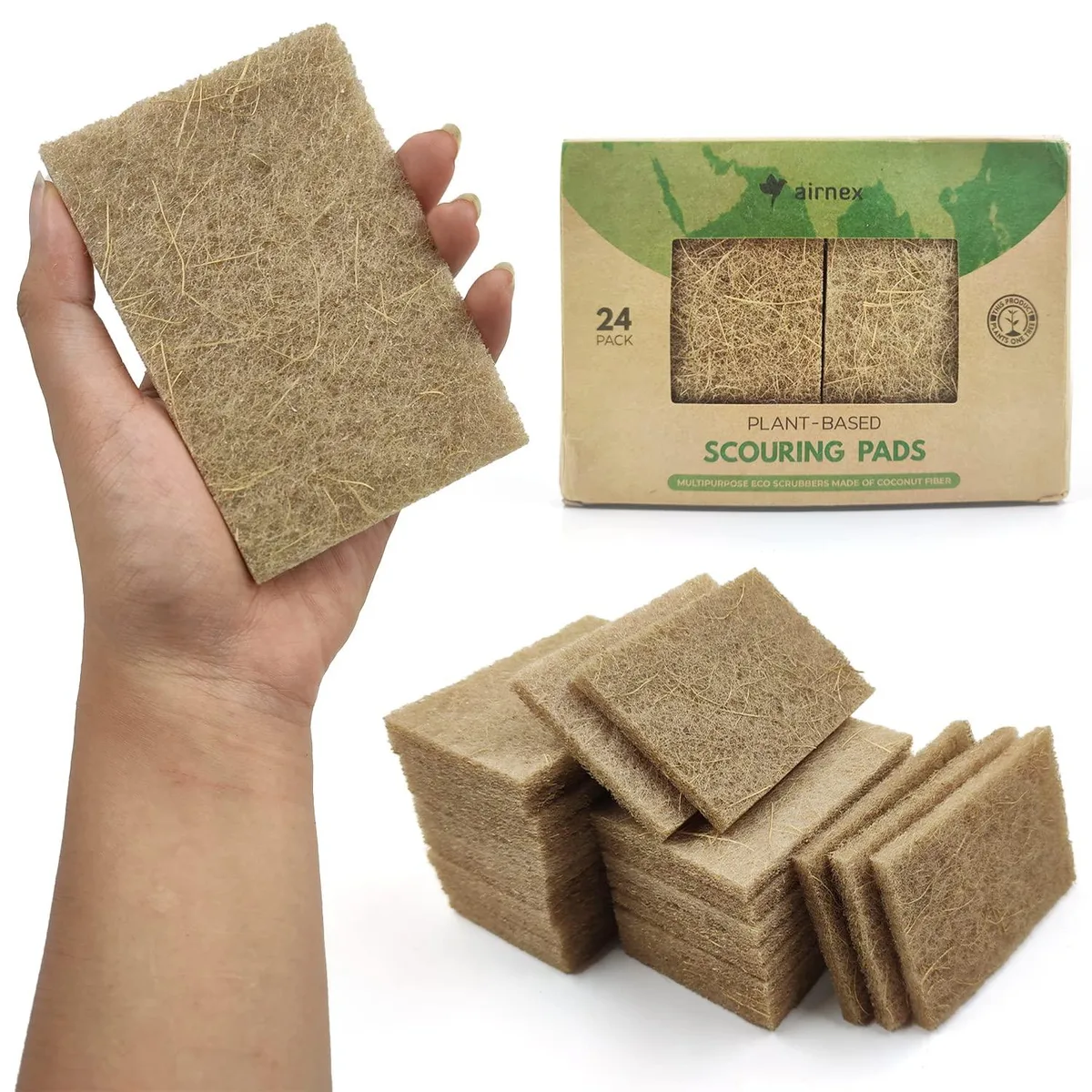 Pack of 24 white coconut husk scrub pads in bottle