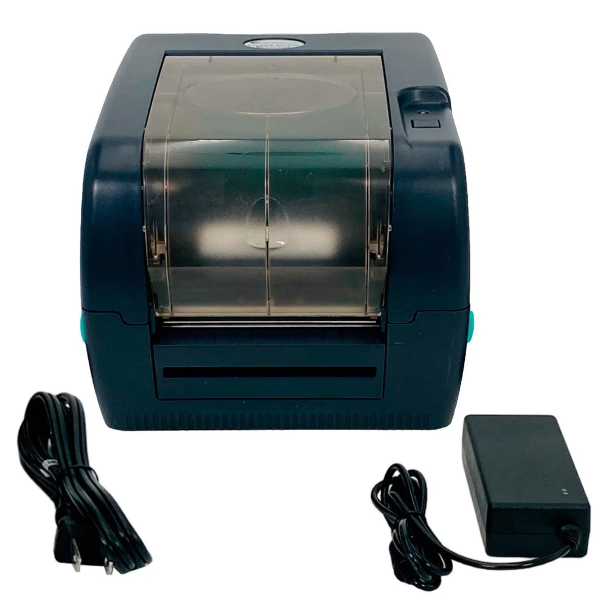 Compact desktop label printer in light grey with dark grey accents, top cover open showing media compartment